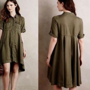 ANTHROPOLOGIE Army Green Utility Shirt High Low Dress size 0 button up e…